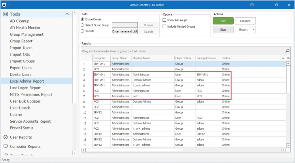 audit for administrator rights