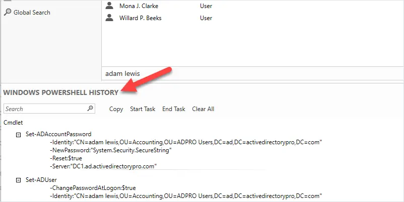 powershell history viewer in active directory administrative center