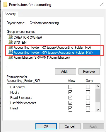 ntfs permissions security group