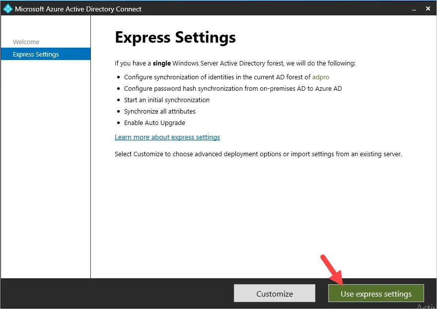 azure ad connect express settings