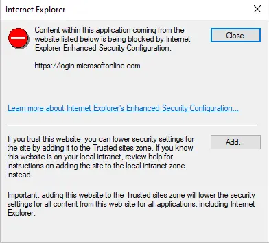 trusted sites warning during install