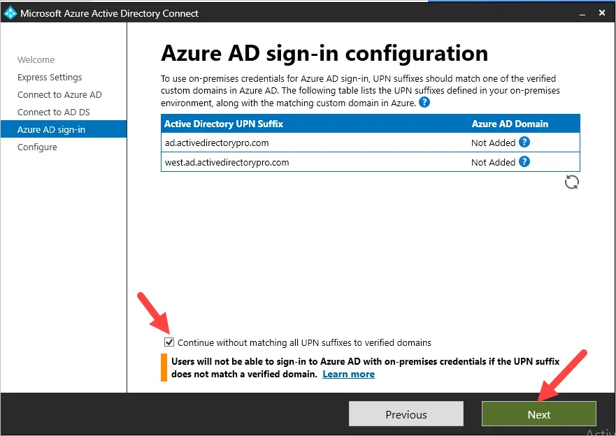 list of upn suffixes detected by azure ad connect