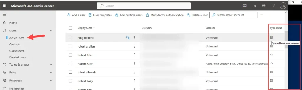 check synced users in 365 admin center
