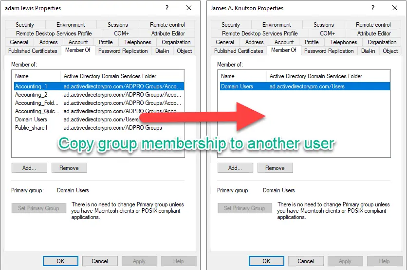 copy group membership to another user in Active Directory