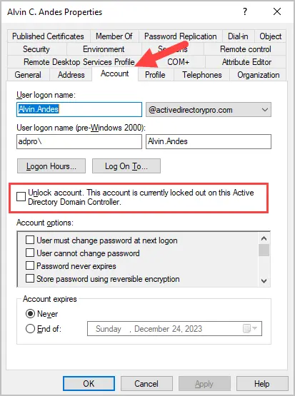 find lockouts with aduc