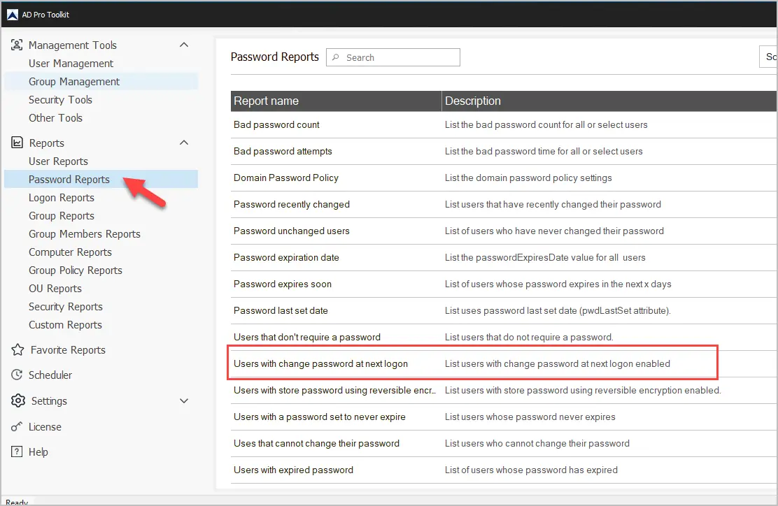 users with change password at next logon report