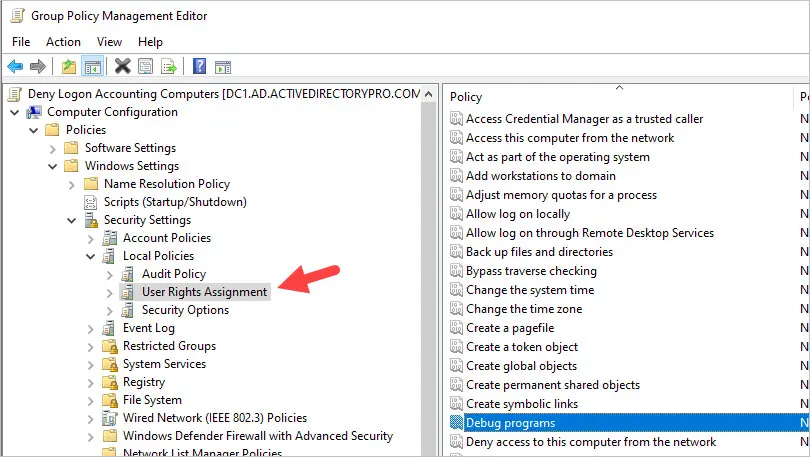 user rights assignment in group policy
