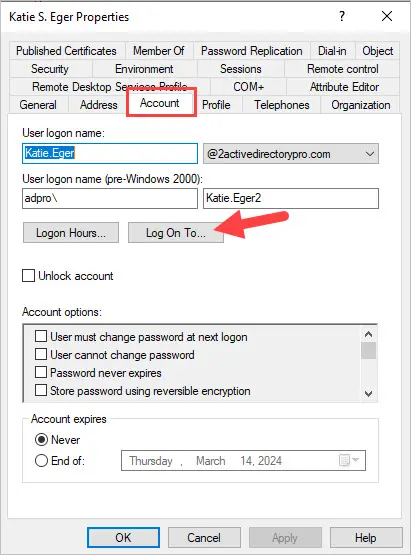log on to field in active directory