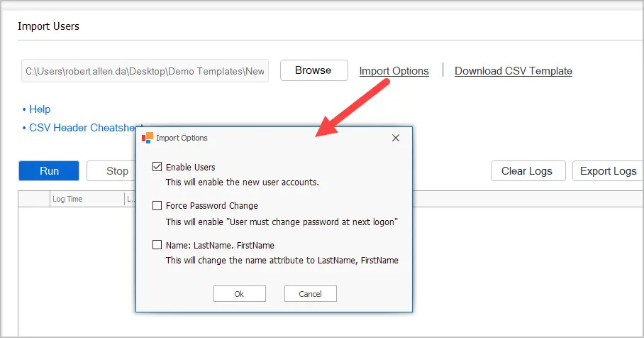 create users import options