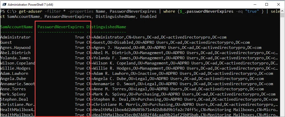 password never expires powershell command