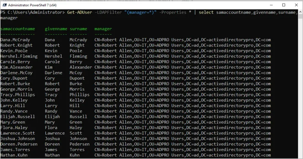 get aduser with manager via powershell
