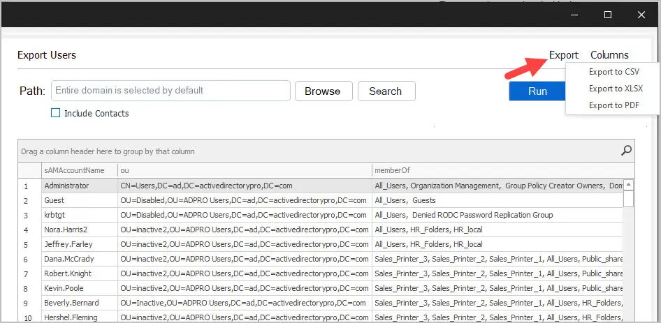 export user list to csv or pdf